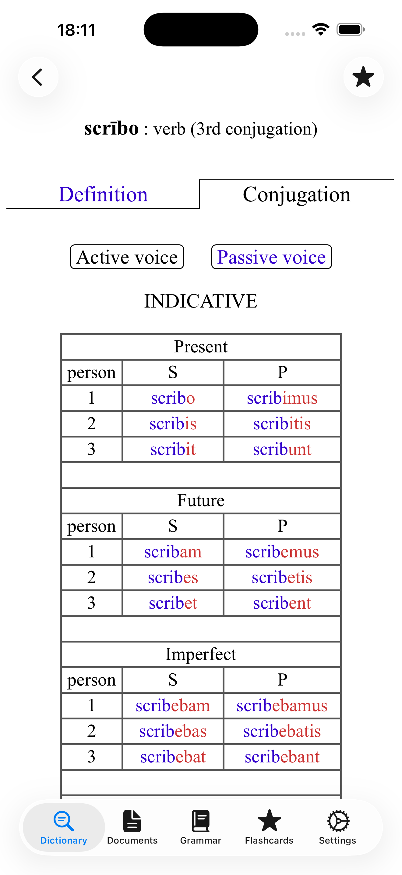 Verb conjugation table